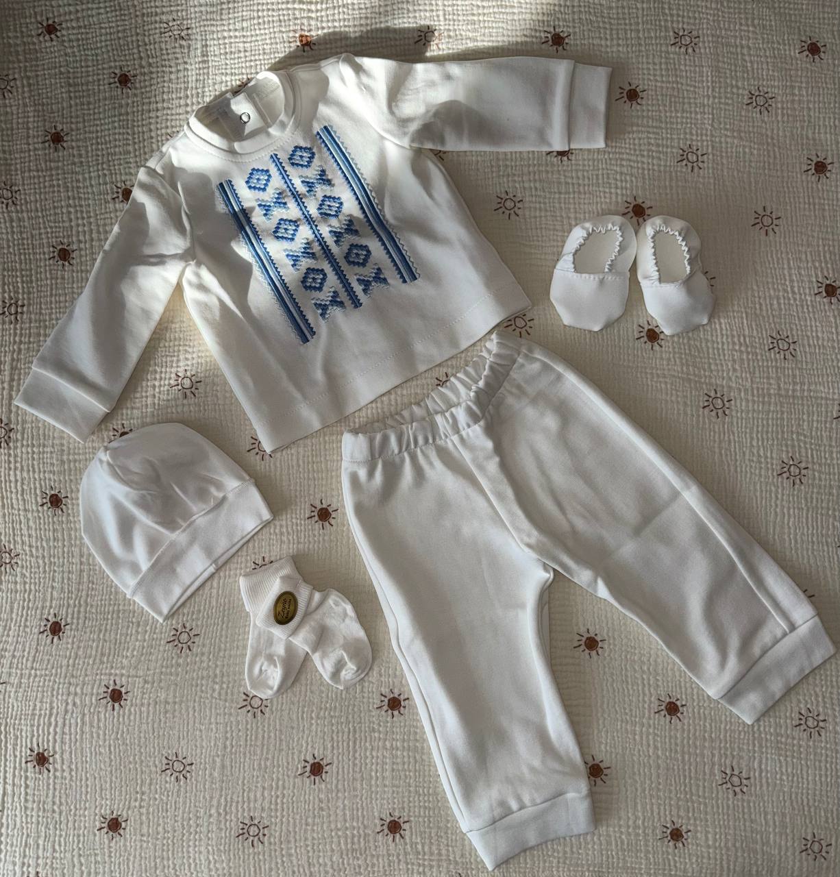 White Baby Set with Blue Embroidery – Traditional Style Outfit - Size 68 EU (3-6months)
