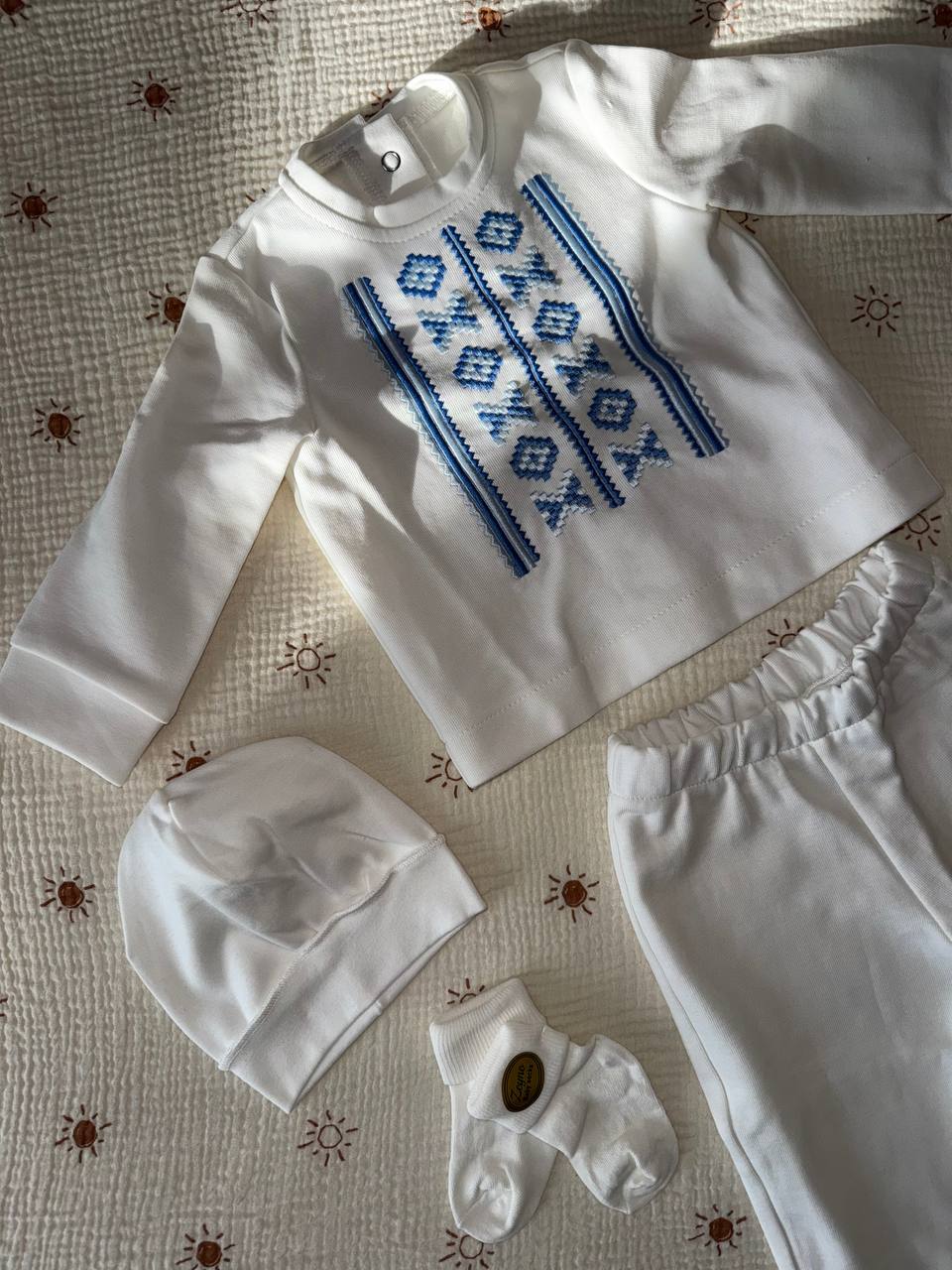 White Baby Set with Blue Embroidery – Traditional Style Outfit - Size 68 EU (3-6months)