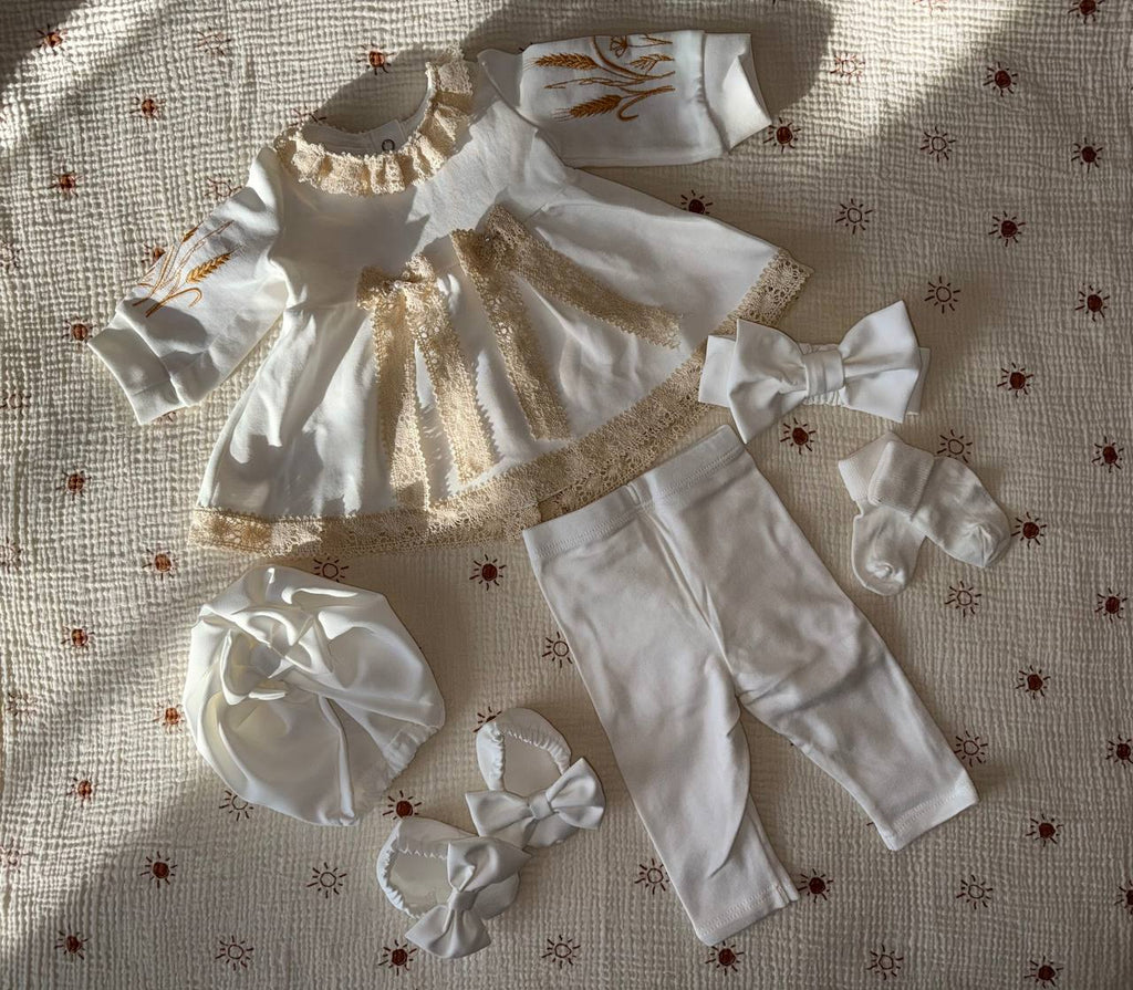 Luxury White Baby Dress Set with Lace & Bow Accessories - Size 56 EU (newborn)
