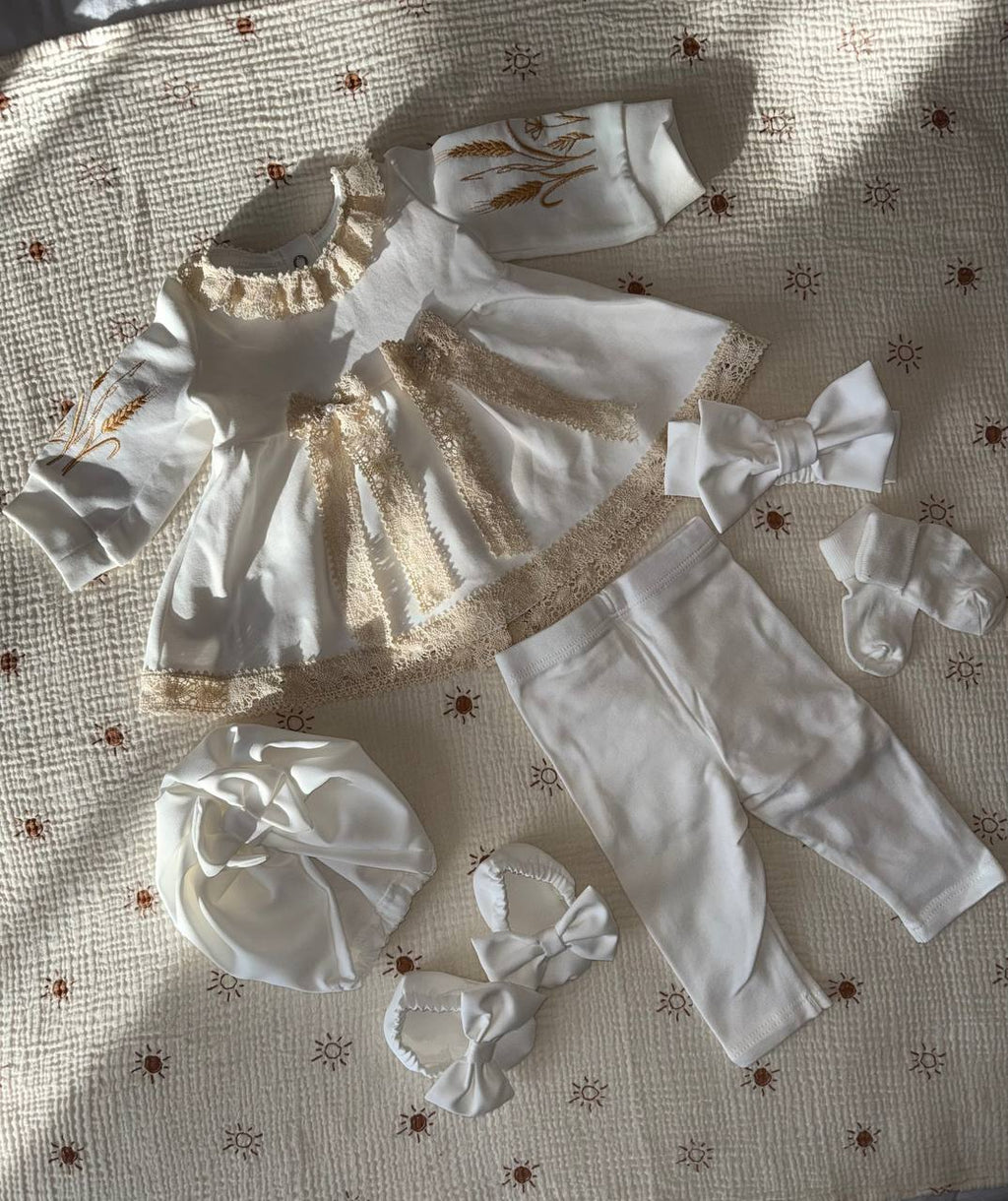 Luxury White Baby Dress Set with Lace & Bow Accessories - Size 56 EU (newborn)