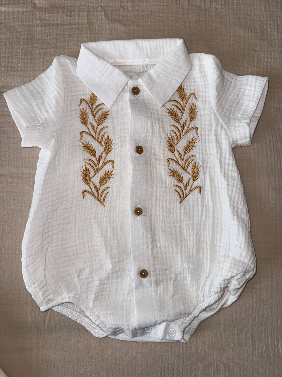 White Baby Romper with Wheat Embroidery – Classic Linen Style - Size 62 EU (0-3months)