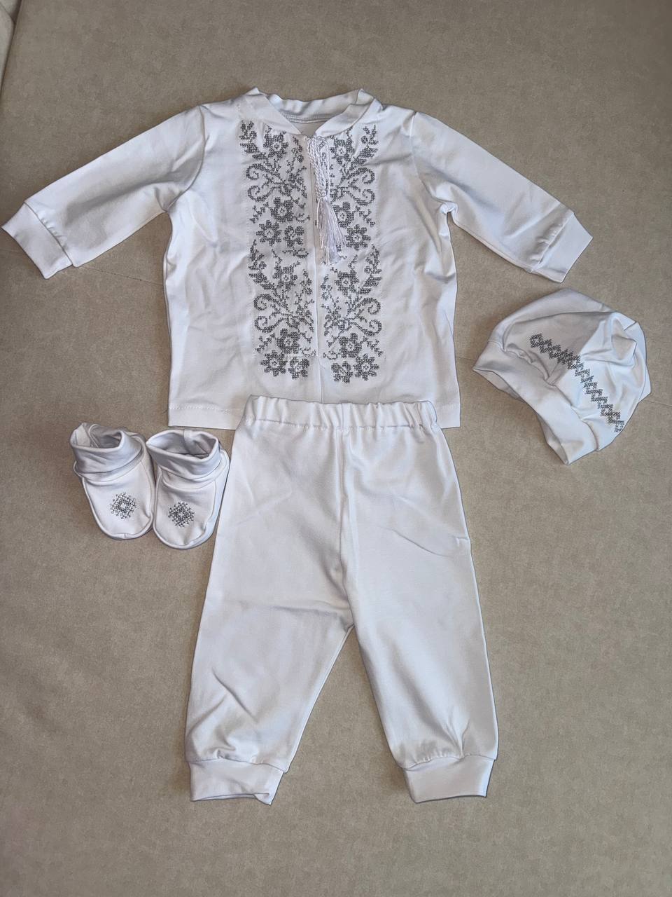 Elegant White Baby Christening Set with Gray Embroidery - Size 62 EU (3-6months)