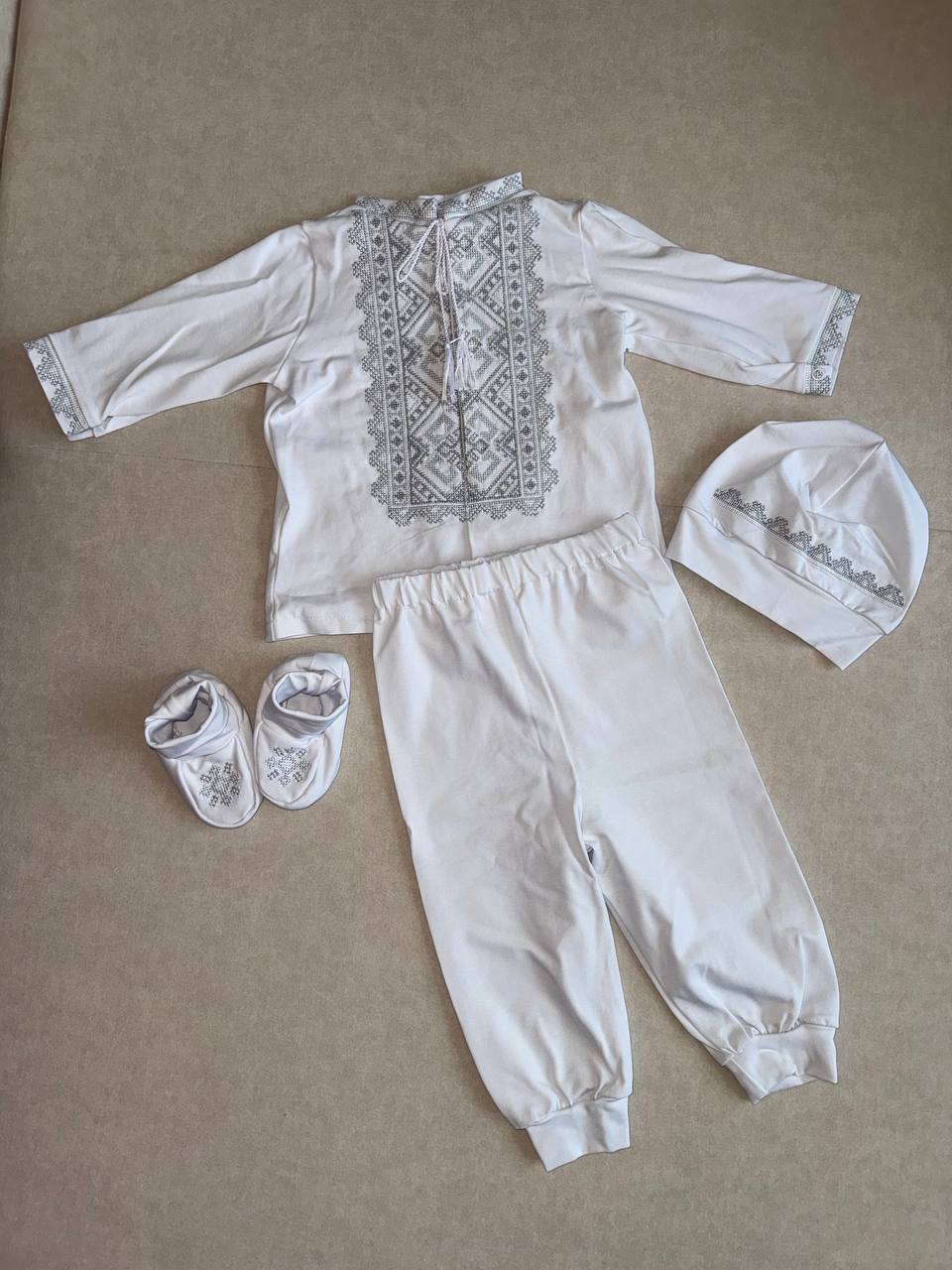 Elegant White Baby Christening Set with Gray Traditional Embroidery - Size 74 EU (6-9months)