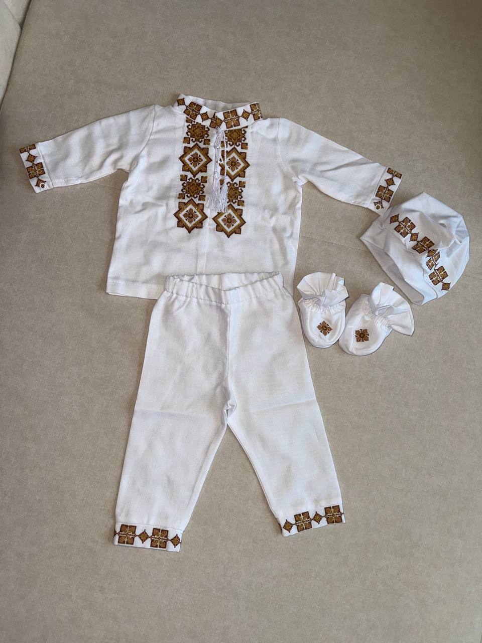 White Baby Christening Set with Golden-Brown Traditional Embroidery - Size 62 EU (0-3months)