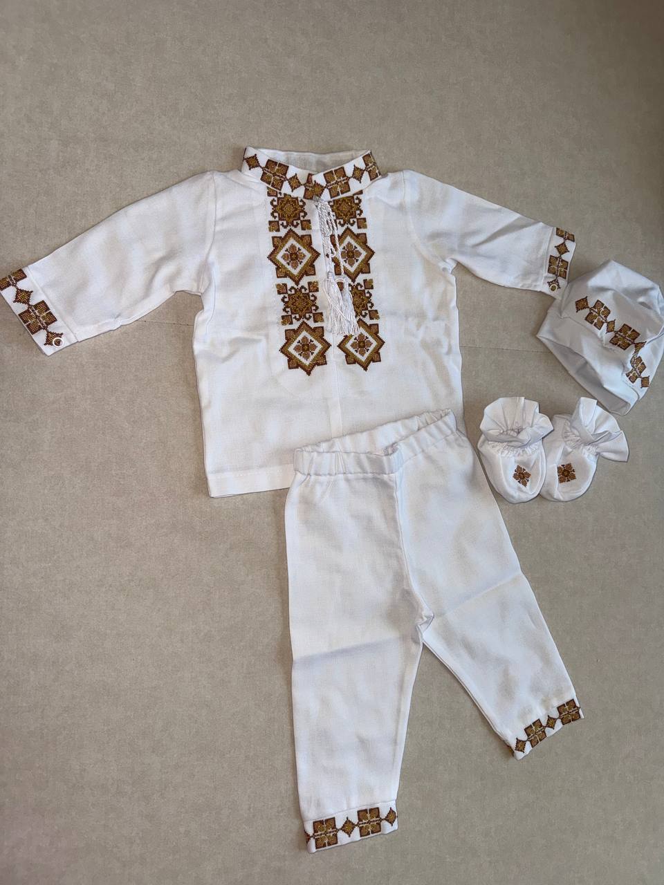 White Baby Christening Set with Golden-Brown Traditional Embroidery - Size 62 EU (0-3months)