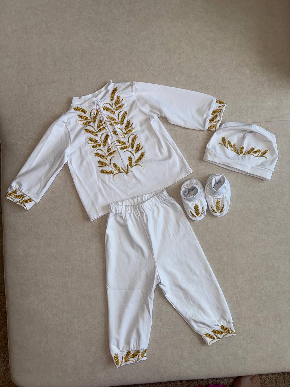 White Baby Christening Set with Golden Wheat Embroidery - Size 74 EU (6-9months)