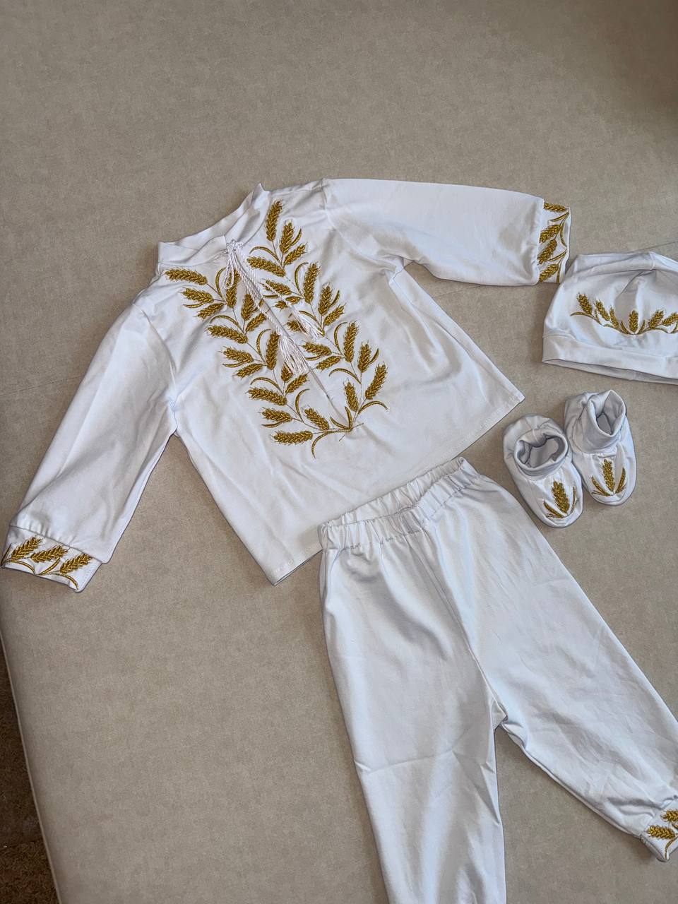 White Baby Christening Set with Golden Wheat Embroidery - Size 74 EU (6-9months)