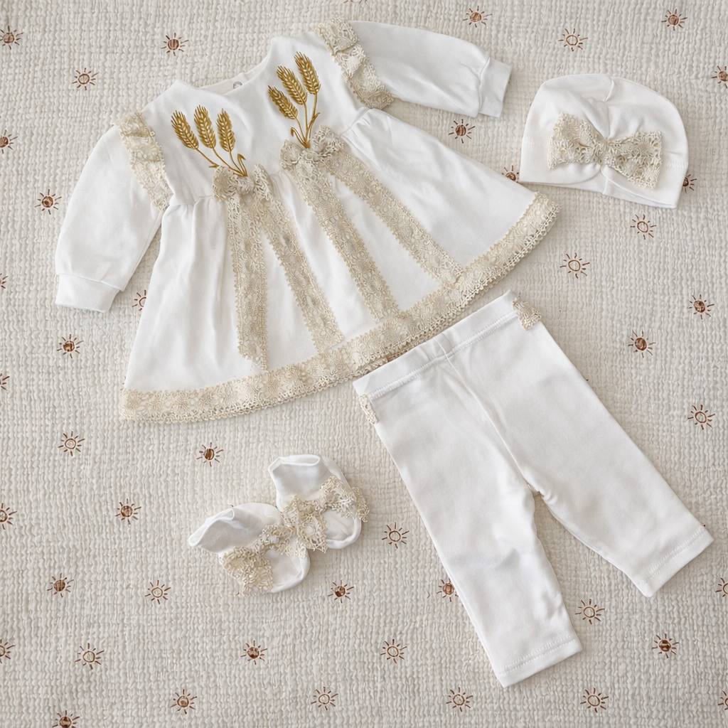 Luxury Baby Christening Outfit Set - Wheat Embroidery - Size 56 EU (newborn)